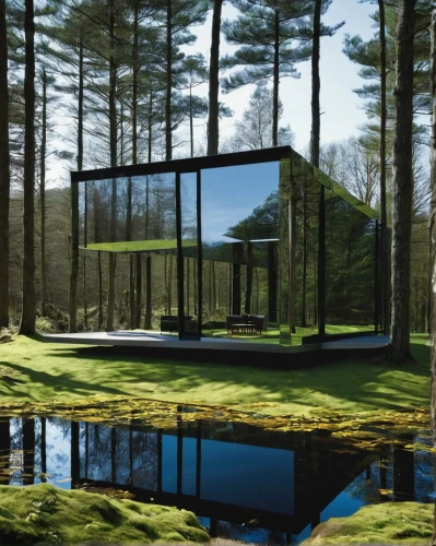 mirror house,house in the forest,cubic house,cube house,forest chapel,frame house,mirror in the meadow,glass facade,glass rock,summer house,inverted cottage,dunes house,virtual landscape,glass building,house in mountains,black cut glass,cube stilt houses,house in the mountains,glass facades,greenforest,Illustration,Black and White,Black and White 15