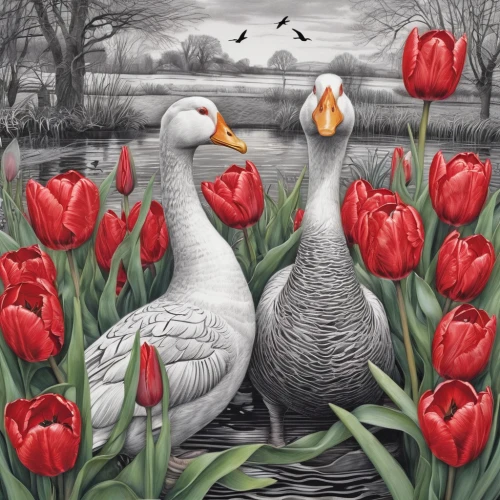 two tulips,tulip festival,flower and bird illustration,red tulips,tulip background,tulips,tulip flowers,a pair of geese,greylag geese,tulip field,swan pair,orange tulips,wild tulips,tulip fields,bird painting,bird couple,turkestan tulip,crocuses,digiscrap,tulips field,Illustration,Black and White,Black and White 11