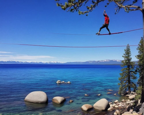 lake tahoe,slacklining,rope swing,zip line,tahoe,rope climbing,zipline,hanging swing,flying trapeze,rope jumping,static trapeze,tight rope,tree swing,aerial hoop,climbing slippery pole,tightrope walker,bungee jumping,trapeze,cable skiing,empty swing,Illustration,Paper based,Paper Based 08