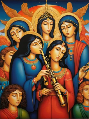 nativity of christ,nativity of jesus,pentecost,the flute,trumpet of jericho,the prophet mary,assyrian,church painting,the third sunday of advent,candlemas,holy family,khokhloma painting,greek orthodox,the manger,the second sunday of advent,all saints' day,benediction of god the father,angel playing the harp,to our lady,nativity,Illustration,Retro,Retro 16