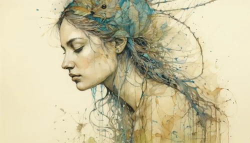 dryad,faery,boho art,watercolor painting,watercolor pencils,fashion illustration,watercolor paint strokes,amano,watercolor,mystical portrait of a girl,faerie,watercolor paint,watercolor women accessory,gold foil art,woman thinking,watercolor mermaid,watercolor blue,wilted,splintered,han thom,Art,Artistic Painting,Artistic Painting 47