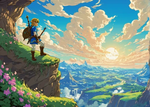 meteora,link,mountain world,wander,adventurer,golden sun,wanderer,the wanderer,scroll wallpaper,would a background,springtime background,mountain guide,the spirit of the mountains,game illustration,mountain sunrise,alpine crossing,adventure,idyll,world digital painting,horizon,Illustration,Retro,Retro 13