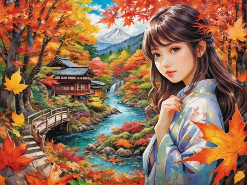 autumn background,autumn scenery,autumn in japan,autumn landscape,japanese art,landscape background,japan landscape,autumn icon,japanese floral background,autumn idyll,beautiful japan,japanese background,oriental girl,the autumn,japan garden,in the autumn,oriental painting,autumn theme,tsukemono,autumn leaves,Illustration,Paper based,Paper Based 04