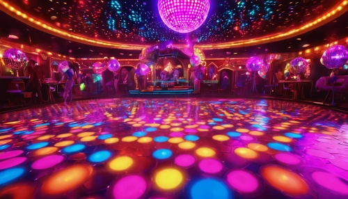 disco,nightclub,colored lights,disco ball,party lights,prism ball,ufo interior,party decoration,neon carnival brasil,mirror ball,rave,colorful light,neon cocktails,ballroom,cirque,party decorations,string lights,circus stage,visual effect lighting,discobole,Illustration,Realistic Fantasy,Realistic Fantasy 38