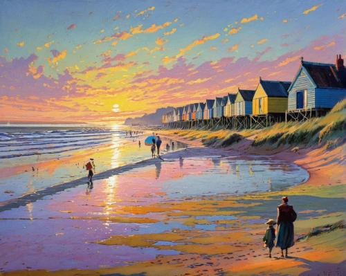 beach landscape,beach huts,oil painting on canvas,beach hut,oil painting,sunset beach,coast sunset,sunrise beach,painting technique,coastal landscape,people on beach,carol colman,seaside resort,golden sands,summer evening,art painting,cottages,seaside,seaside country,cape cod,Art,Classical Oil Painting,Classical Oil Painting 15