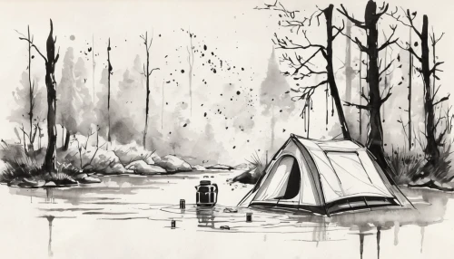 campsite,fishing camping,camping,camping tipi,fishing tent,campground,canoeing,on the river,tepee,tent camp,dugout canoe,fishing float,boat landscape,tent at woolly hollow,camping tents,campfires,ink painting,swampy landscape,autumn camper,canoe,Illustration,Black and White,Black and White 34