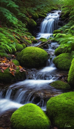 flowing creek,mountain stream,flowing water,rushing water,streams,forest moss,mountain spring,green waterfall,clear stream,water flow,brook landscape,water flowing,cascading,moss,the brook,a small waterfall,mountain river,green landscape,rushing,stream bed,Illustration,Retro,Retro 02