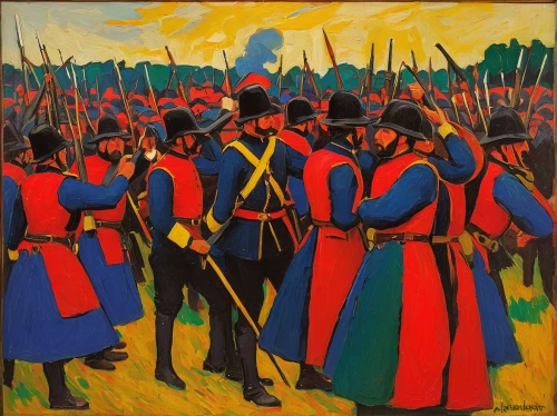 cossacks,khokhloma painting,infantry,cavalry,soldiers,haiti,waterloo,patrols,procession,marching,the order of the fields,shield infantry,santa fe,regatta,pilgrims,the army,skirmish,lancers,orchestra division,oil on canvas,Art,Artistic Painting,Artistic Painting 36