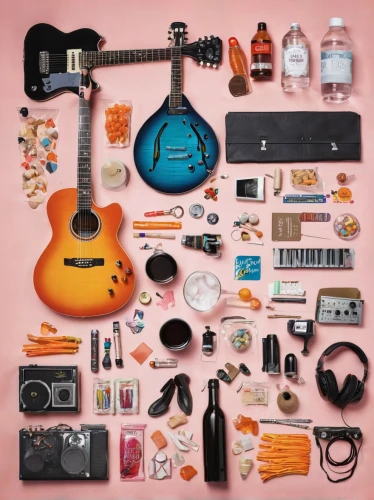 music instruments on table,music instruments,flat lay,instruments,summer flat lay,guitar accessory,musical instruments,christmas flat lay,contents,music store,first aid kit,flatlay,the guitar,guitar,instruments musical,objects,cd cover,guitar amplifier,suitcase,acoustic-electric guitar,Unique,Design,Knolling