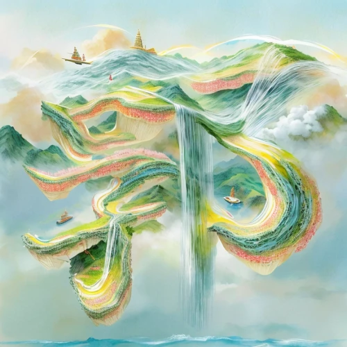 floating island,sea landscape,abstract air backdrop,panoramical,flying island,underwater landscape,world digital painting,floating islands,薄雲,rainbow clouds,cloud mushroom,mushroom landscape,cloud image,fluid flow,cloud mountain,jet d'eau,japanese wave paper,island suspended,cloudburst,aeolian landform