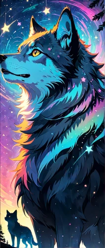 constellation wolf,howling wolf,howl,two wolves,wolves,wolf couple,wolf,dusk background,werewolves,night sky,nightsky,unicorn background,canidae,starry sky,gray wolf,wolfdog,european wolf,colorful foil background,the night sky,moon and star background,Anime,Anime,General