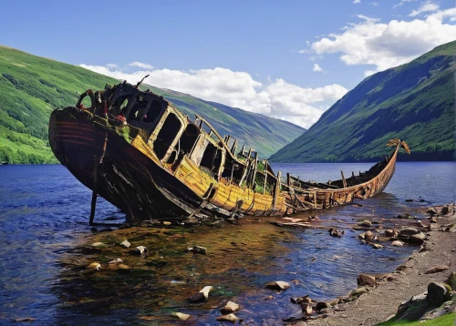 abandoned boat,boat wreck,ship wreck,boat landscape,rotten boat,loch drunkie,loch linnhe,scottish highlands,sunken boat,shipwreck,old boat,glencoe,the wreck of the ship,lake district,wooden boat,viking ship,viking ships,scotland,geirangerfjord,wooden boats,Art,Classical Oil Painting,Classical Oil Painting 21