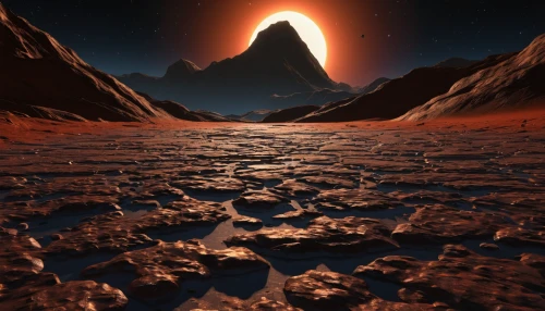 ice planet,mountain sunrise,moonscape,lava dome,lunar landscape,mountain world,exoplanet,terraforming,alien planet,alpine sunset,volcanic landscape,mountain plateau,alien world,barren,volcanic field,solar eruption,giant mountains,volcanism,ice landscape,desert planet,Art,Classical Oil Painting,Classical Oil Painting 29