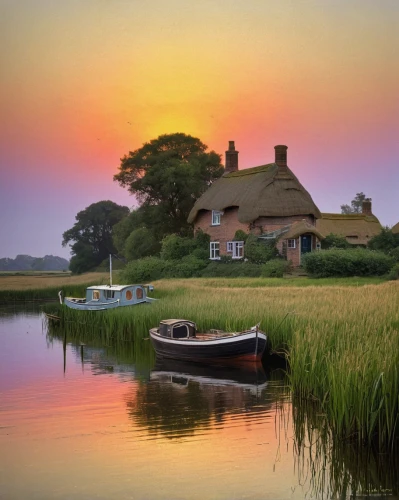 summer cottage,boat landscape,house by the water,fisherman's house,holland,old wooden boat at sunrise,suffolk,thatched cottage,dutch landscape,netherlands,cottage,houseboat,boathouse,the netherlands,floating huts,boat house,mooring,home landscape,house with lake,country cottage,Art,Classical Oil Painting,Classical Oil Painting 15