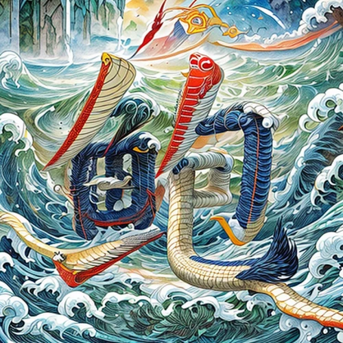 sea fantasy,dragon boat,chinese dragon,god of the sea,oriental painting,sea god,chinese art,dragonboat,japanese waves,poseidon,trumpet of the swan,turtle ship,dragon of earth,seafaring,dragon li,japanese art,kraken,sea snake,japanese wave,sea horse