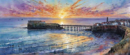 tynemouth,bamburgh,whitby,quay wall,newcastle castle,northumberland,carol colman,robin hood's bay,coast sunset,tenby,breakwater,waverley,the old breakwater,saltburn,sea landscape,saltburn by the sea,saint andrews,sunburst,princes pier,art painting,Illustration,Paper based,Paper Based 13