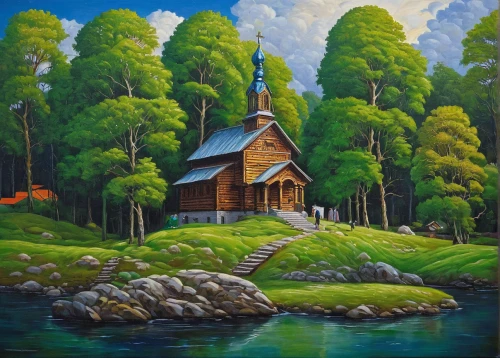 church painting,wooden church,little church,forest chapel,island church,summer cottage,cottage,fisherman's house,fredric church,house in the forest,small cabin,black church,fisherman's hut,khokhloma painting,home landscape,stave church,painting technique,the cabin in the mountains,boathouse,house with lake,Illustration,Realistic Fantasy,Realistic Fantasy 08