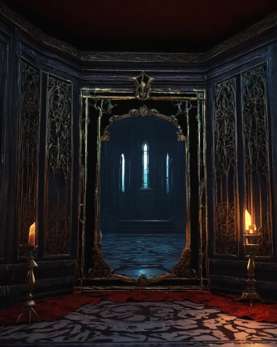 hall of the fallen,ornate room,the threshold of the house,doorway,creepy doorway,chamber,the throne,mirror of souls,dark cabinetry,throne,the door,threshold,portcullis,sepulchre,crown render,castle of the corvin,entrance hall,imperial shores,metallic door,open door,Conceptual Art,Sci-Fi,Sci-Fi 12