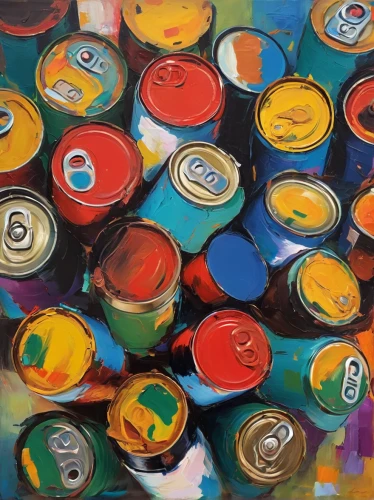 paint cans,tin cans,acrylic paints,empty cans,cans of drink,paint tubes,beverage cans,canned food,cans,paints,spray cans,tin can,oils,spray can,canning,oil painting on canvas,aluminum can,meticulous painting,round tin can,oil on canvas,Conceptual Art,Oil color,Oil Color 20