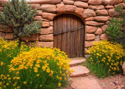 garden door,fairy door,front door,doorway,wooden door,home door,house entrance,wood gate,front gate,church door,the threshold of the house,yellow garden,iron door,wayside chapel,farm gate,old door,cottage garden,cliff dwelling,sandstone wall,hinged doors,Art,Classical Oil Painting,Classical Oil Painting 20