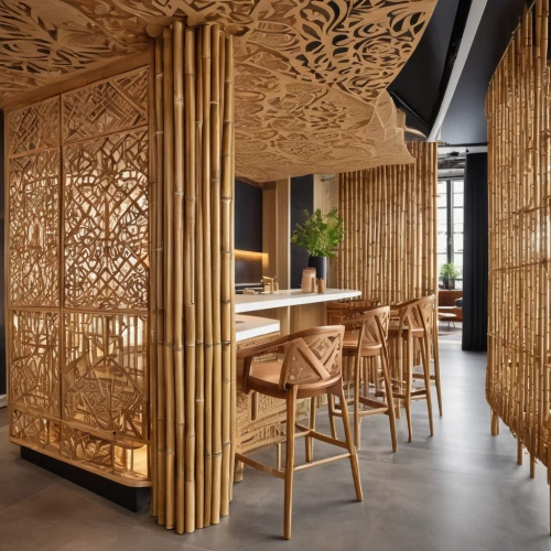 patterned wood decoration,bamboo curtain,room divider,japanese restaurant,interior design,contemporary decor,archidaily,modern decor,woodwork,ornamental dividers,timber house,interior decoration,bamboo plants,chinese restaurant,tile kitchen,chinese screen,interior modern design,hotel w barcelona,rattan,casa fuster hotel,Illustration,Black and White,Black and White 03