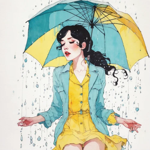 watercolor pin up,raincoat,in the rain,rain,fashion illustration,umbrella,rainy,walking in the rain,brolly,rainy day,raindrops,summer umbrella,rains,rainy weather,umbrellas,raining,raindops,precipitation,rainwater,raindrop,Illustration,Paper based,Paper Based 19