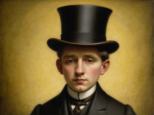 stovepipe hat,self-portrait,top hat,artist portrait,chimney sweeper,men hat,hans christian andersen,black hat,welness,goldsmith,aristocrat,joseph turner,pork-pie hat,portrait background,bowler hat,conical hat,doctoral hat,bloned portrait,portrait,barberini,Illustration,Abstract Fantasy,Abstract Fantasy 06