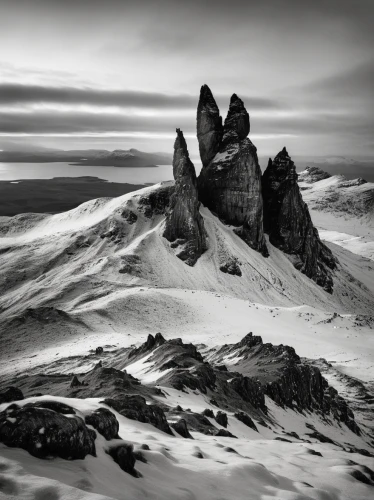 three peaks,eastern iceland,isle of skye,scottish highlands,bullers of buchan,the russian border mountains,snowy peaks,scotland,snowy mountains,aberdeenshire,snow mountain,tatry,monochrome photography,snow mountains,mountain tundra,snow landscape,northumberland,western tatras,helens,winter landscape,Illustration,Black and White,Black and White 35