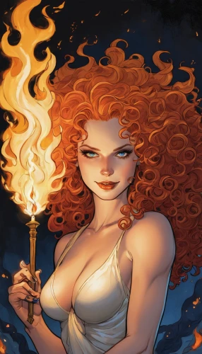 merida,fire-eater,fire siren,firestar,flame spirit,fire pearl,fire eater,flame of fire,fire angel,burning torch,burning hair,smouldering torches,fire and water,sorceress,starfire,flaming torch,fire heart,afire,fire artist,flammable,Illustration,American Style,American Style 13