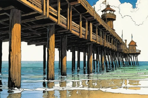 wooden pier,the pier,fishing pier,old pier,burned pier,scripps pier,pier,east pier,cromer pier,seaside resort,pier 14,santa monica pier,breakwaters,seaside,boardwalk,huntington beach,brighton pier,on the pier,seaside country,lifeguard tower,Illustration,Realistic Fantasy,Realistic Fantasy 04