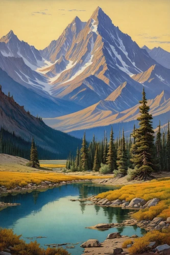 salt meadow landscape,mountain landscape,mountain scene,mountainous landscape,moraine,yukon territory,landscape background,the landscape of the mountains,mountain meadow,natural landscape,mountain range,high landscape,nature landscape,cascade mountain,white mountains,autumn mountains,spruce forest,mount robson,river landscape,mountainous landforms,Illustration,Retro,Retro 19