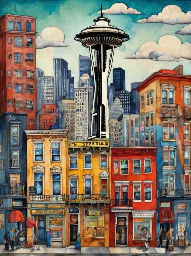 seattle,david bates,queen anne,colorful city,space needle,city scape,portland,tall buildings,urban landscape,watercolor shops,background image,mixed-use,metropolises,skyline,city buildings,big city,beautiful buildings,city life,cityscape,urban art,Illustration,Black and White,Black and White 25