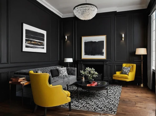 contemporary decor,apartment lounge,modern decor,sitting room,livingroom,interior design,interior decor,interior decoration,living room,luxury home interior,black and gold,chaise lounge,hallway space,great room,danish room,decor,family room,gold foil corner,interior modern design,shared apartment,Illustration,Retro,Retro 02