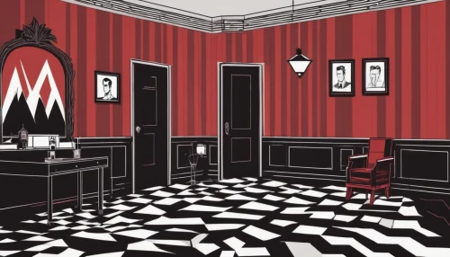 chessboard,red chevron pattern,magic castle,house of cards,art deco background,rooms,danish room,consulting room,chessboards,checkered floor,art deco,a dark room,boardroom,doll's house,salon,wade rooms,one room,suit of spades,doctor's room,the room,Illustration,Japanese style,Japanese Style 06