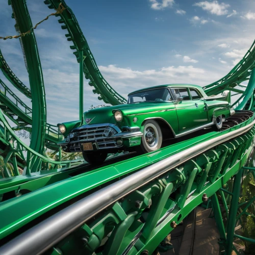 rides amp attractions,hudson hornet,cyclone,coaster,roller coaster,tail fins,mosel loop,diamondback,green smoke,green and white,green snake,green mamba,green goblin,thunderbird,patrol,ford starliner,bullet ride,green power,green train,br 99,Photography,General,Natural