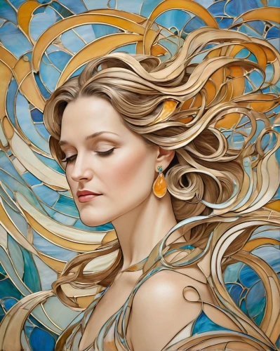 wind wave,the wind from the sea,celtic woman,swirling,gold paint strokes,gold foil mermaid,blonde woman,golden haired,fantasy art,flowing,mucha,siren,bodypainting,botticelli,aphrodite,art deco woman,gold filigree,the blonde in the river,the zodiac sign pisces,wind machine,Illustration,Retro,Retro 08