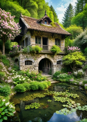 house with lake,garden pond,beautiful home,house in the forest,house in mountains,japan garden,home landscape,lily pond,house in the mountains,asian architecture,water mill,ancient house,lotus pond,house by the water,fairy village,japanese garden,summer cottage,fairytale castle,lilly pond,japanese garden ornament,Photography,General,Natural