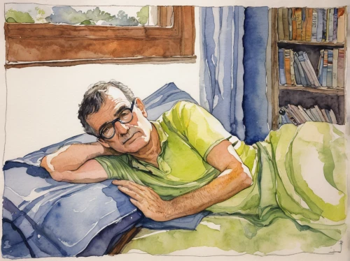 watercolor frame,watercolour frame,watercolor sketch,watercolor painting,watercolor,watercolors,watercolour,self-portrait,watercolor paris balcony,elderly man,woman on bed,pensioner,reading glasses,elderly person,water color,color pencil,artist portrait,watercolor paper,self portrait,watercolor paris,Illustration,American Style,American Style 14