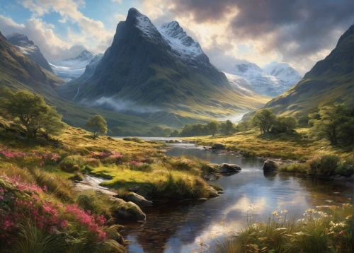 fantasy landscape,mountain landscape,glencoe,scottish highlands,landscape background,mountain scene,mountain meadow,river landscape,mountainous landscape,kirkjufell river,highlands,meadow landscape,mountain stream,nature landscape,fjords,salt meadow landscape,world digital painting,fjord,mountain pasture,natural landscape,Conceptual Art,Fantasy,Fantasy 05