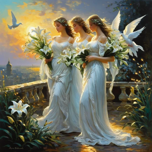 angel's trumpets,angel trumpets,the three graces,peace lilies,celtic woman,angels,oil painting on canvas,wedding dresses,angel lanterns,fairies aloft,little angels,angel wings,beautiful photo girls,doves of peace,angels of the apocalypse,wedding photo,the bride's bouquet,dowries,florists,easter lilies,Conceptual Art,Oil color,Oil Color 06