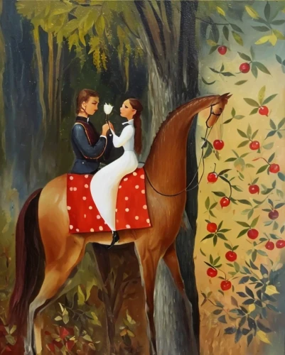 horseback,young couple,khokhloma painting,man and horses,carousel horse,honeymoon,romantic scene,children's fairy tale,equestrian,horse-drawn,horse riders,hunting scene,equitation,buffalo plaid rocking horse,two-horses,apple pair,wedding couple,red flowering horse chestnut,horse grooming,horse riding,Common,Common,Cartoon