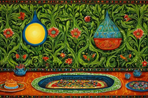 persian norooz,khokhloma painting,nowruz,persian new year's table,iranian nowruz,novruz,still life with onions,vegetables landscape,egg dish,tile kitchen,russian folk style,fruit pattern,indigenous painting,fruit bowl,ceramic hob,placemat,tea still life with melon,bowl of fruit in rain,folk art,iranian cuisine,Illustration,Abstract Fantasy,Abstract Fantasy 12