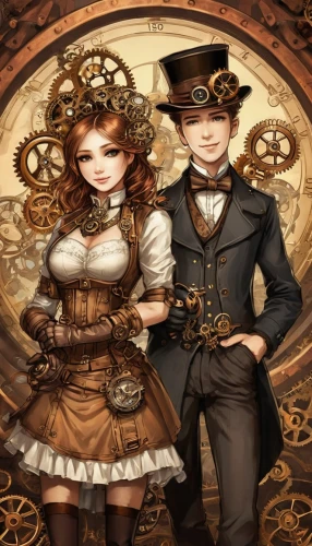 steampunk,steampunk gears,vintage boy and girl,victorian style,clockmaker,clockwork,young couple,vintage man and woman,the victorian era,cogs,fairytale characters,watchmaker,joint dolls,victorian,masquerade,little boy and girl,boy and girl,fairy tale,gothic portrait,rococo,Illustration,Realistic Fantasy,Realistic Fantasy 13