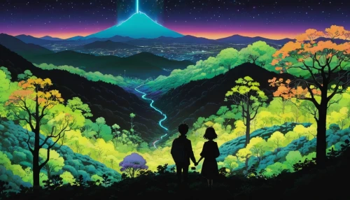 travelers,studio ghibli,the moon and the stars,valley of the moon,rainbow and stars,scene cosmic,forest of dreams,stargazing,background image,moon and star background,falling stars,couple silhouette,map silhouette,would a background,starry sky,the stars,valerian,starscape,space art,mountain world,Illustration,Japanese style,Japanese Style 14