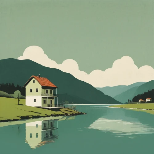 house with lake,sognefjord,house by the water,fjords,boathouse,river landscape,home landscape,fjord,small landscape,hintersee,fisherman's house,bled,lysefjord,floating huts,rippon,lake bled,mountain lake,alpsee,house in mountains,lake forggensee,Illustration,Japanese style,Japanese Style 08