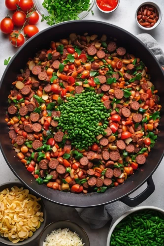 feijoada,paella,cast iron skillet,vegetable pan,sauté pan,dak galbi,cholent,beef hotpot,arroz a la valenciana,chile and frijoles festival,cassoulet,beef goulash,chorizo,caponata,eastern european food,sheet pan,casserole,eritrean cuisine,punjena paprika,jambalaya,Illustration,Abstract Fantasy,Abstract Fantasy 01