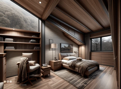 sleeping room,the cabin in the mountains,modern room,canopy bed,cabin,attic,japanese-style room,great room,3d rendering,wooden sauna,wooden roof,loft,inverted cottage,small cabin,sky space concept,sky apartment,chalet,wooden windows,log home,guest room