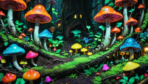 mushroom landscape,fairy forest,fairy village,cartoon forest,forest mushrooms,fairy world,mushroom island,forest mushroom,mushrooms,forest floor,fairytale forest,elven forest,enchanted forest,fairy house,toadstools,forest glade,tree mushroom,forest of dreams,tree grove,the forest,Illustration,Japanese style,Japanese Style 14