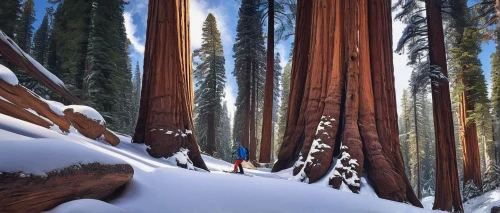 redwoods,redwood,redwood tree,spruce forest,sugar pine,pine forest,winter forest,coniferous forest,fir forest,old-growth forest,silvertip fir,spruce-fir forest,trees with stitching,red pine,big trees,snow in pine trees,temperate coniferous forest,snow trees,pine trees,steep,Conceptual Art,Daily,Daily 27