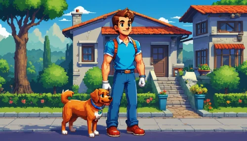 boy and dog,game illustration,dog illustration,pixel art,companion dog,game art,retro styled,dog walker,sheltie,adventure game,irish setter,blue-collar worker,home pet,outdoor dog,stray dog,rescue alley,dog street,facebook pixel,postman,smaland hound,Unique,Pixel,Pixel 05